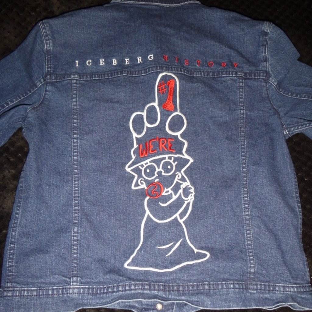 Vintage Iceberg History Maggie Simpson Embroidered Denim Jean Jacket 42 S Vtg